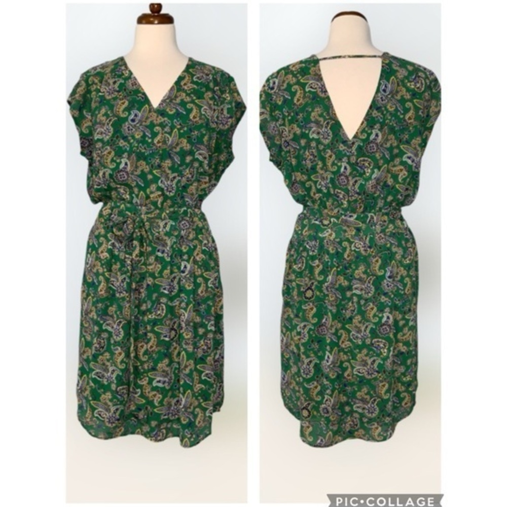 DR2 Green & Blue Paisley Short Sleeve Double V Above Knee Casual Chiffon Dress L